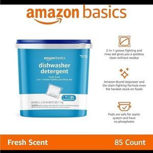 Dishwasher pods Detergent Amazon Basics 85 packs loads